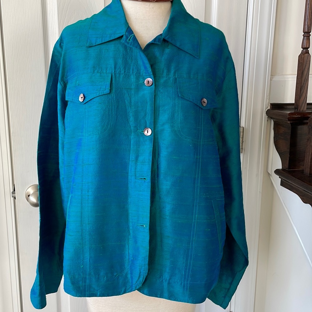 LIKE NEW 100% Raw Silk double shaded unlined jacket green blue
